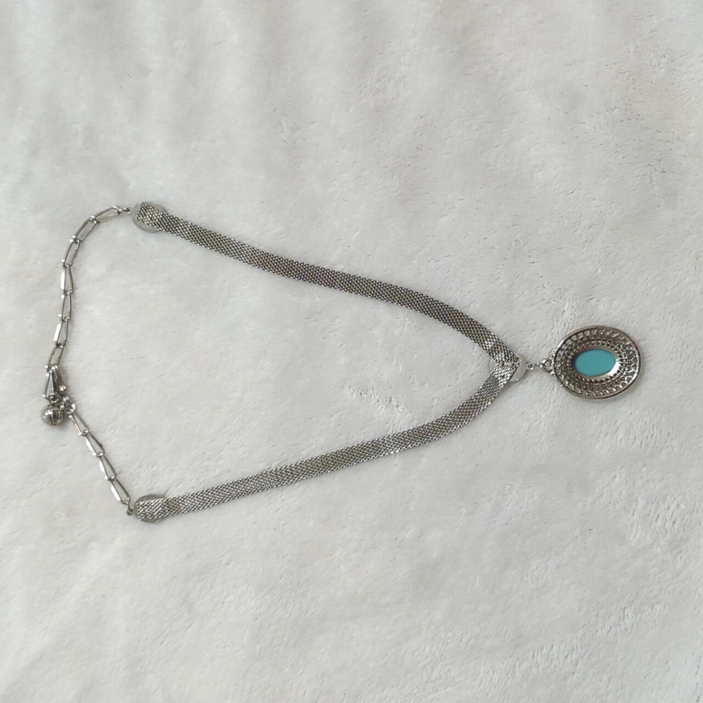 Vintage Park Lane Silver Tone Mesh Choker Necklace & Turquoise Pendant - Picture 6 of 8